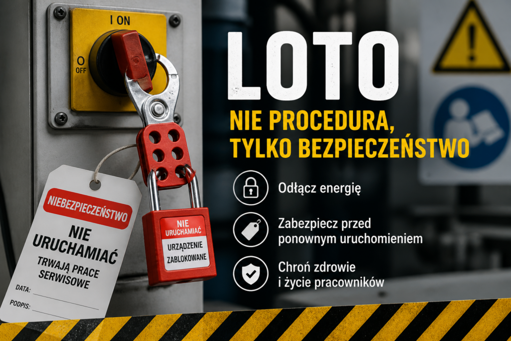 Procedura LOTO na maszynie przemysłowej – wyłącznik zabezpieczony kłódką i zawieszką „nie uruchamiać”, odcięcie energii podczas prac serwisowych dla zapewnienia bezpieczeństwa pracy