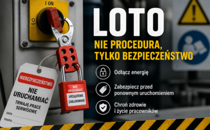 Procedura LOTO na maszynie przemysłowej – wyłącznik zabezpieczony kłódką i zawieszką „nie uruchamiać”, odcięcie energii podczas prac serwisowych dla zapewnienia bezpieczeństwa pracy